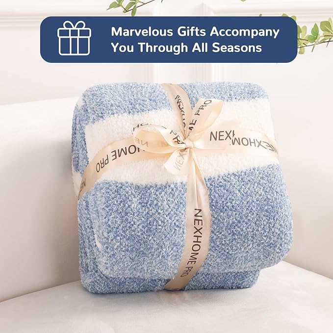 NEXHOME PRO Stripe Cozy Blanket Twin, Knit Fuzzy Throw Blanket for Couch Bed Sofa Picnic, Ultra Soft Blankets for Women Gifts Blue50 x 60 inches