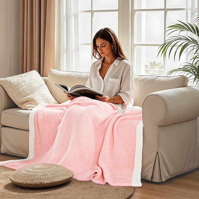 NEXHOME PRO Soft Blankets Pink Twin Size, Cozy Throw Blanket for Couch, Warm Reversible Knit Blanket for Women, Fuzzy Lightweight Throws for Sofa, Bed, Picnic, Heather Hot Pink, 60 x 80 inches