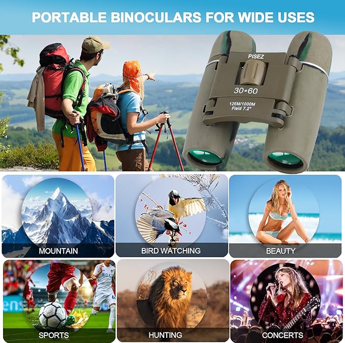 PISEZ 30X60 Compact Binoculars for Adults and Kids，Lightweight Foldable Easy Focus Small Binoculars for Bird Watching Hunting Concert Traveling Theater Opera Sightseeing