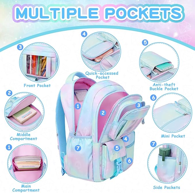 Kids Backpack for Girls - School Bags for Middle School Students - Book Bag for Elementary Primary - Blue