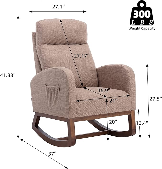 Dolonm Nursery Rocking Chair for Living Room, Upholstered Mid-Century Modern Nursery Rocking Armchair Tall Back Accent Glider Rocker, Camel