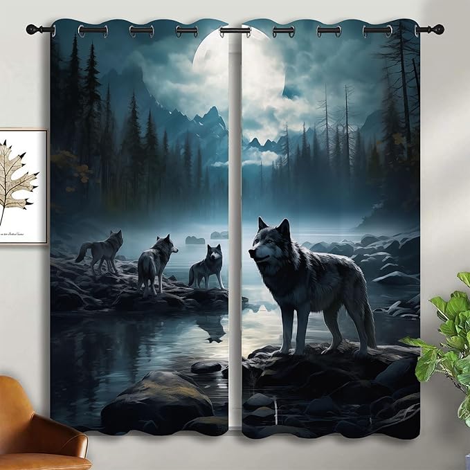 Wolf Blackout Curtains for Boys Girl Bedroom Decor,Dreamy Forest Full Moon Wolf Pack Thermal Insulated Grommet Drapes Darkening Window Curtain for Living Room Home 42x63 inch