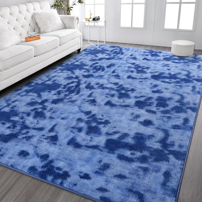 Kimicole 4x6 Washable Area Rugs for Bedroom Living Room, Low Pile Ulta-Thin Solid Color Rug, Non-Slip Soft Fluffy Carpet for Nursery Kids Room Dorm Room Home Decor (Blue)