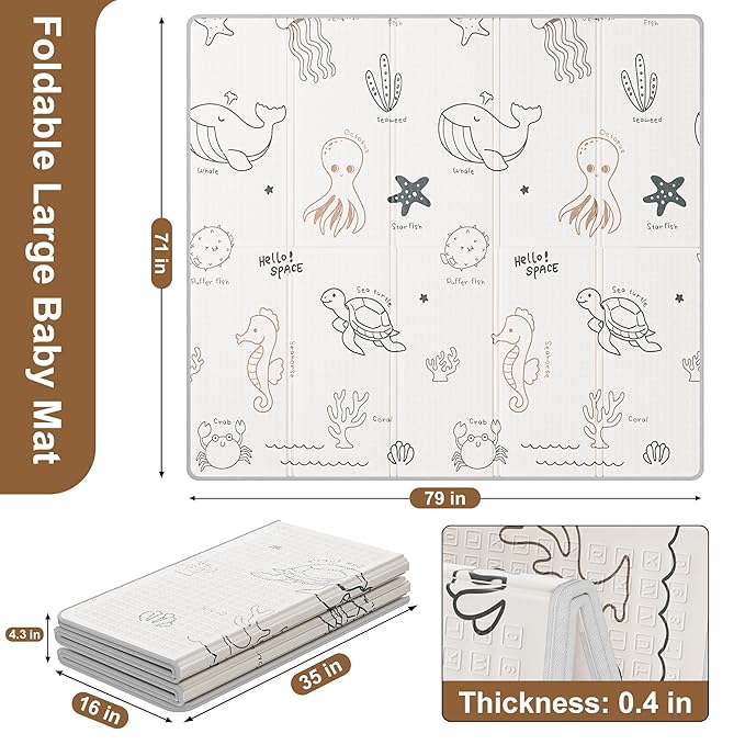 79x71 Foldable Play Mat for Baby, Extra Large Foam Play Mat Tummy Time and Crawling Mat, Waterproof & Anti-Slip Reversible Portable Baby Floor Mat for Infant, Toddler