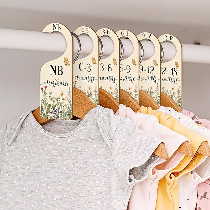 Whaline 8Pcs Wildflower Baby Closet Size Dividers Vintage Floral Leaves Hanging Wood Baby Closet Organizer Newborn to 24 Months Thicken Baby Wardrobe Organizer for Home Nursery
