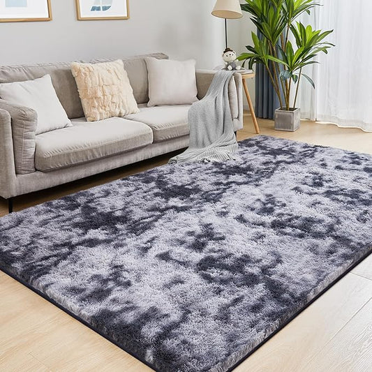 Fluffy Shag Area Rug, 4x6 Tie-Dyed Dark Grey Rugs for Bedroom, Soft Plush Area Rugs for Living Room, Non-Slip Indoor Carpet for Nursery, Study Room, Dressing Room, Home Decor