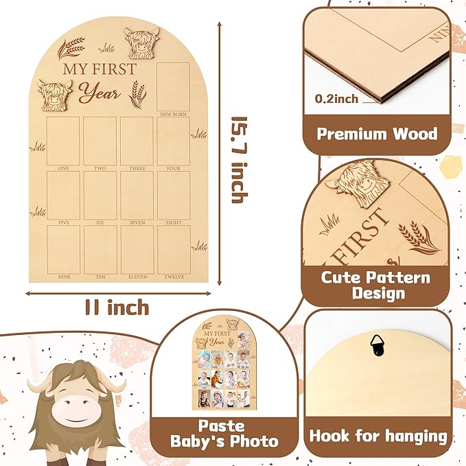 R HORSE Picture Frame - My First Year Photo Display Board, Highland Cow, Wood, 15.7 x 11 inches, Unisex Adult Gift