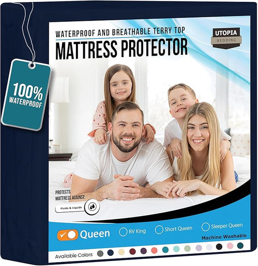 Utopia Bedding Waterproof Mattress Protector Queen Size, Premium Terry Mattress Cover 200 GSM, Breathable, Fitted Style with Stretchable Pockets (Navy Blue)