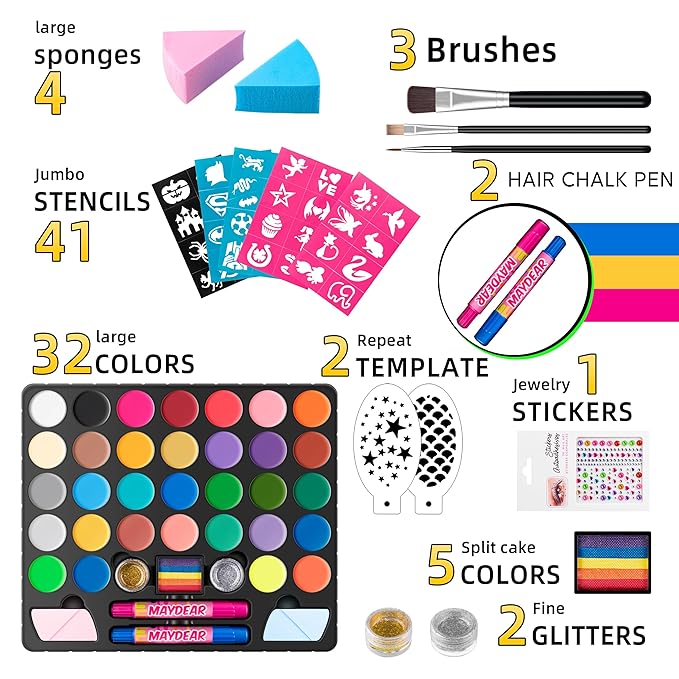 Maydear Face Painting Kit for Kids, 32 Colors Water Based Makeup Palette with Stencils, Glitters, Rainbow Split Cake, Hair Dye Clips, for Parties, Halloween, Safe Professional Face Body Paint Kit