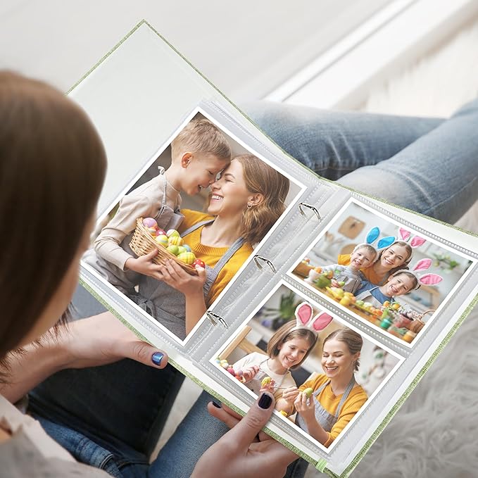 Vienrose Linen 3-Ring Photo Album Holds 250 Photos, 200 4x6 Photos and 50 6x8 Pictures, Picture Album with Multiple Size Pockets, Memory Book for Family Wedding Anniversary Baby, Green