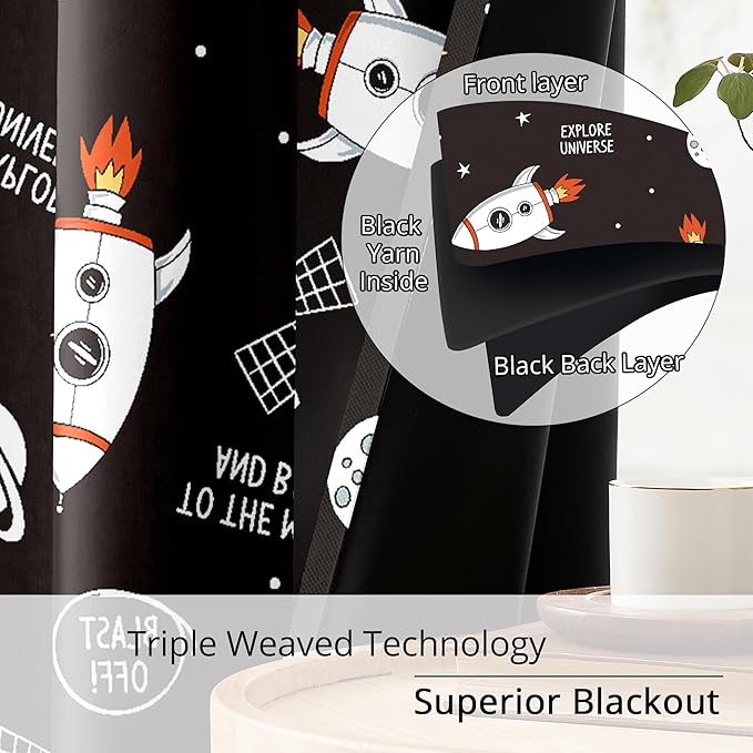 Kids Space Rocket Blackout Curtains - 100% Blackout, Thermal Insulated, Noise Reducing, Perfect for Kids Room and Nursery, 2 Panels (Blast-Off Moon Mission, W52×L84)