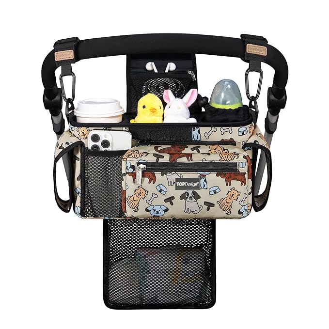 TOPDesign Universal Baby Stroller Organizer, Stroller Caddy with Detachable Mesh Bag & Heightened Insulated Cup Holders & Non-Slip Secure Hooks Accessories, Fits Most Strollers (Dogs)