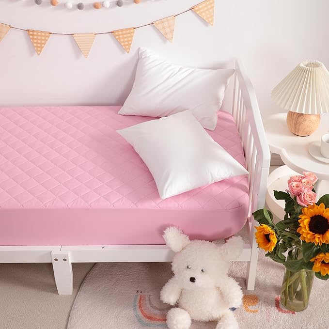 NTBAY 2 Pack Waterproof Crib Mattress Protector, Quilted 28"x52" Toddler Fitted Sheet - Machine Washable - Soft and Breathable Mattress Pad Cover for Crib, Nursery, Daycare, Cot, Pink