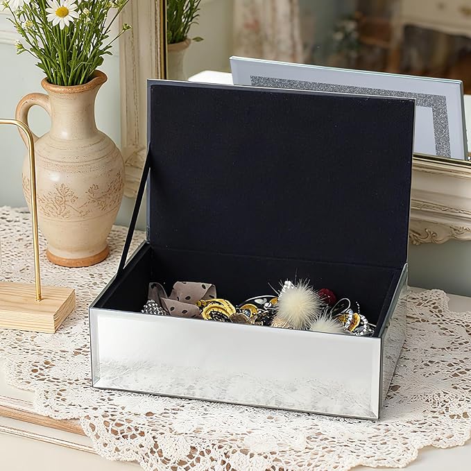 Luxury Mirrored Jewelry Box with Crushed Diamond - Glass Jewelry Box Organizer Storage Ring Holder Case for Women