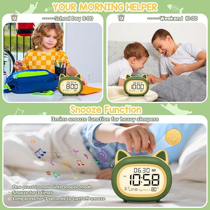 Kids Alarm Clock with Night Light for Kids, Small Digital Alarm Clocks for Bedrooms, Routine Builder, Cute Cat Alarm Clock with Sleep Training, Snooze, 12/24H, Date & Day, Temperature, USB Port