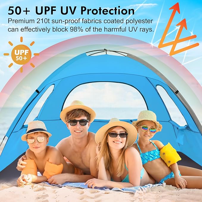 WhiteFang Beach Tent Anti-UV Portable Sun Shade Shelter for 3/4/6/8 Person, Extendable Floor with 3 Ventilating Mesh Windows Plus Carrying Bag, Stakes and Guy Lines