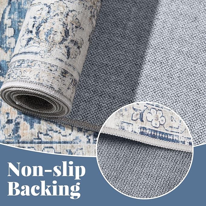 jinchan 4x6 Area Rugs for Bedroom - Machine Washable Distressed Vintage Floral Design Stain Resistant Boho Carpet Ultra-Thin Low Pile Non-Slip Rug for Living Room Dining Room Kitchen (4‘x6',Dark Blue)