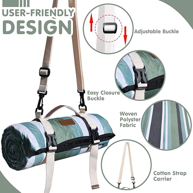 Waterproof Picnic Blanket 80" x 60" in Portable with Carry Strap for Beach Mat or Family Outdoor Camping Party, Park Blanket for Grass Park, Hiking, Travel, Concerts (Green&White, 80" x 60")