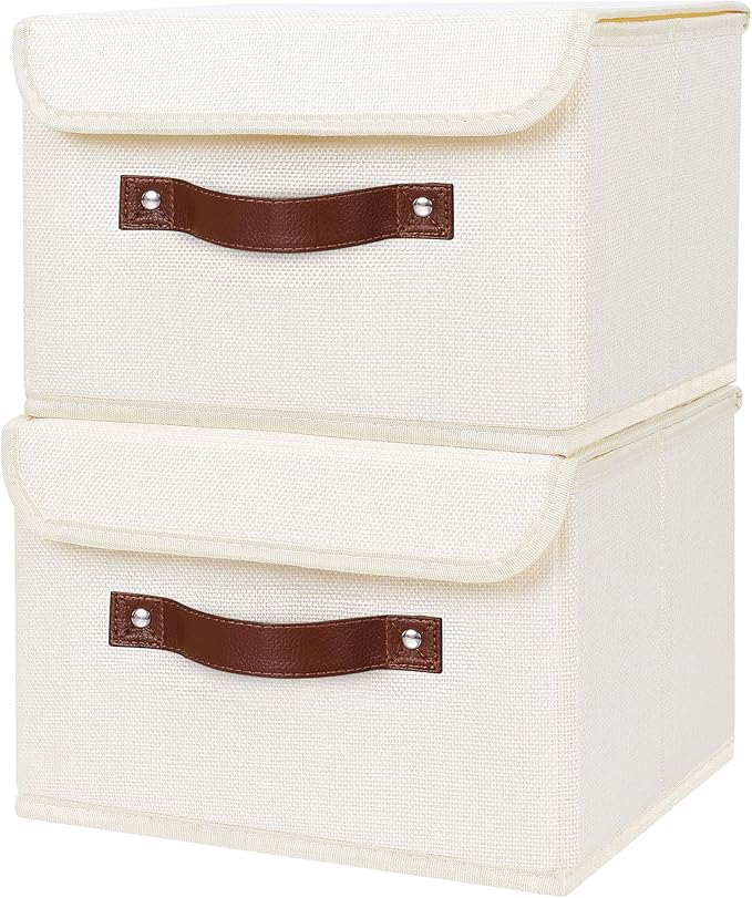 ANMINY 2PCS Storage Bins with Lid PU Leather Handles Storage Boxes PP Plastic Board Decorative Foldable Lidded Cotton Linen Fabric Home Cubes Baskets Closet Organizer Containers - Beige, Small Size