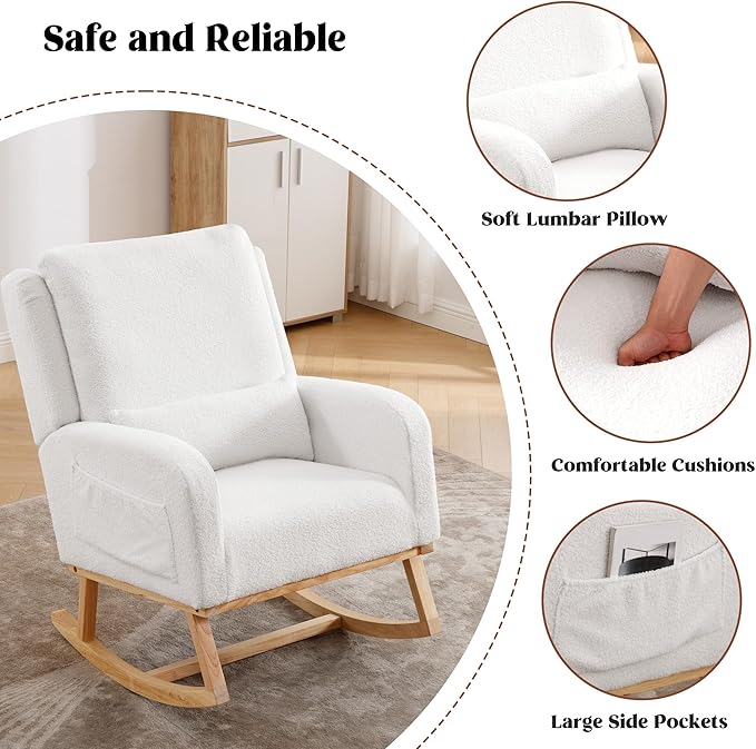 Rocking Chair Nursery, Sherpa Nursing Rocking Chairs, Upholstered Nursery Glider Rocker Wingback Morden Rocking Chair with Lumbar Pillow for Mom Nursery, Living Room, Bedroom, Teddy White