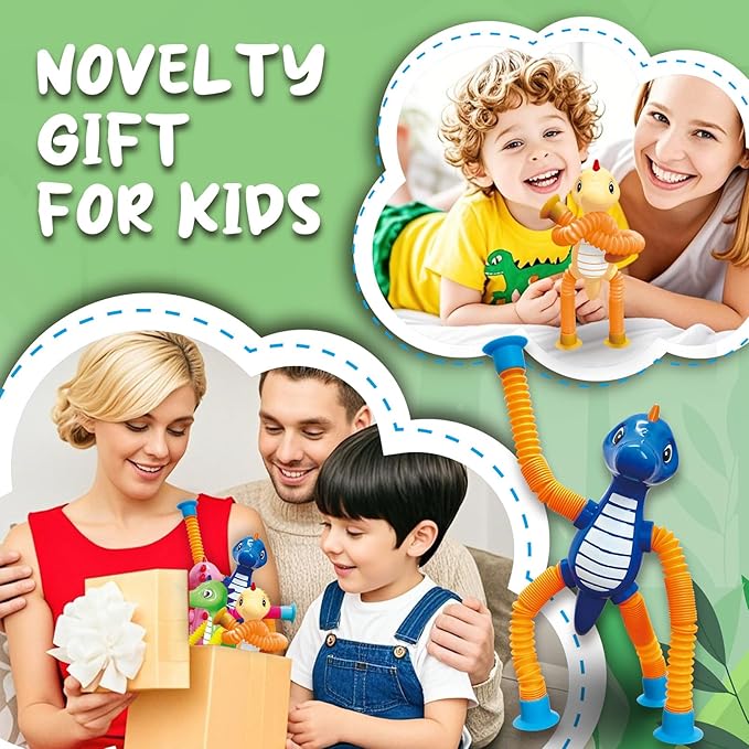 Dinosaur Pop Tubes Toys LED Light Up Mini Figures Fidget Sensory Toys Dino Telescopic Suction Cup Gift Sets, Toddler Autism Stress Relief Party Favors Prizes Stocking Stuffers for Kids 3+