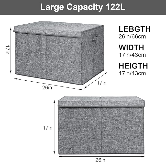 popoly 122L Large Toy Chest Box with Lid, Foldable Toy Storage Organizer Bin Boxes with Removable Divider for Kids, Boys, Girls, Nursery, Playroom, 26"x17" x17"(Linen Gray)