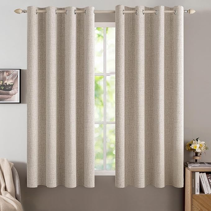MIULEE Linen Textured Curtains for Bedroom Solid 100% Blackout Thermal Insulated Natural Grommet Room Darkening Curtains & Drapes Luxury Decor for Living Room Nursery 52 x 54 Inch (2 Panels)