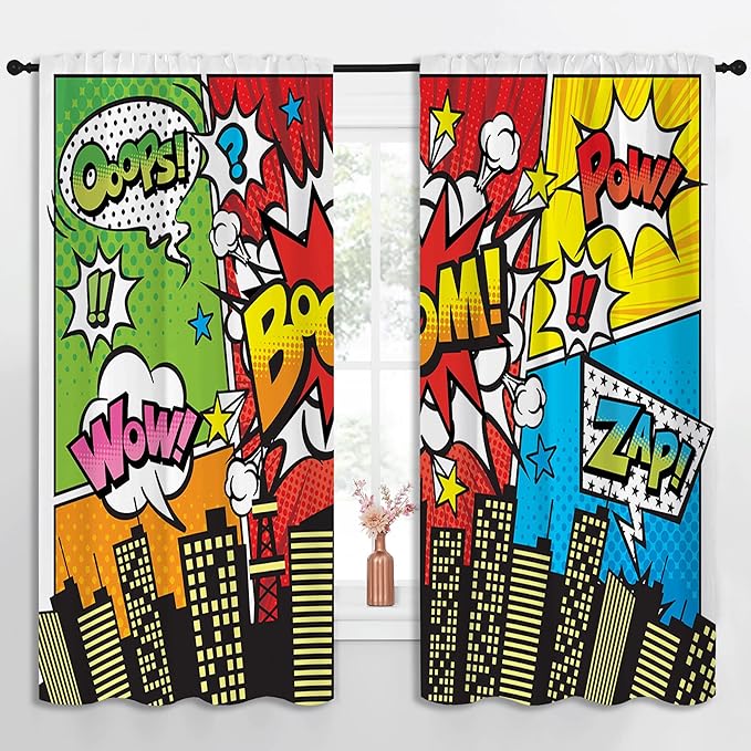 Superhero City Wars Explosion Rod Pocket Blackout Curtains for Boy Girl Bedroom, Colorful Comics Ar Thermal Insulated Home Window Drapes for Living Room Darkening, 55x63 inch