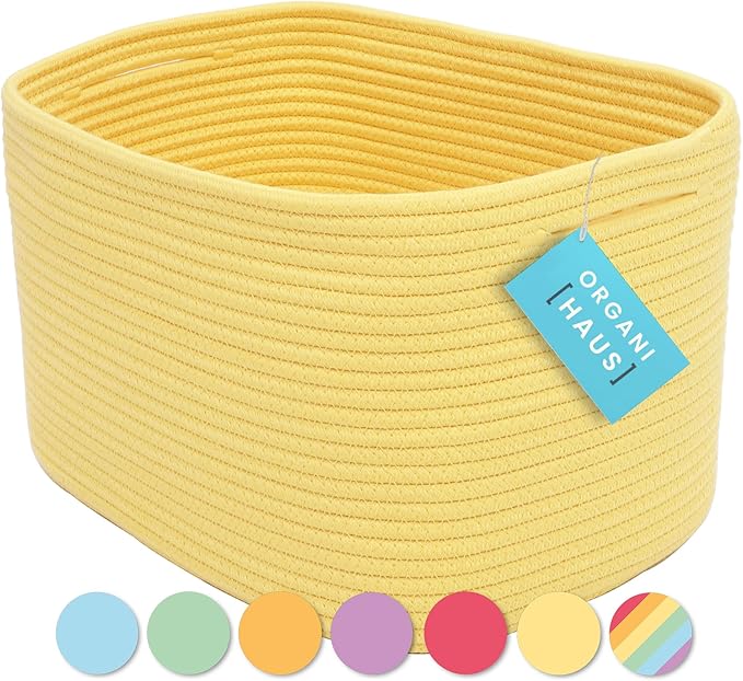 OrganiHaus Yellow Basket for Shelves, Decorative Cloth for Organizing, Cotton Rope Storage Basket for Toys, Small Woven Baskets for Storage