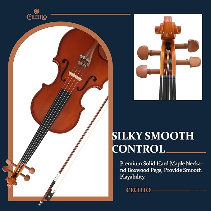 Cecilio 1/2 Size Natural Varnish Violin for Beginners, Hand-Carved Solid Spruce Top, Maple Back & Sides, Full Fiddle Kit with Hard Case, Bows, Rosin, Shoulder Rest, Lesson Book