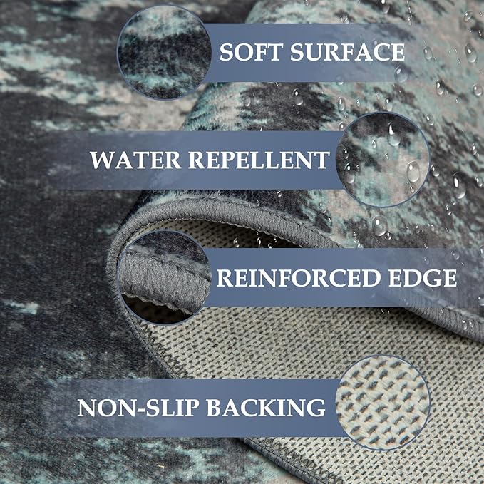 Washable Area Rugs 2'x6' Non-Slip Modern Abstract Soft for Living Room Entryway Bedroom Nursery, Print Pattern, Blue Black Teal