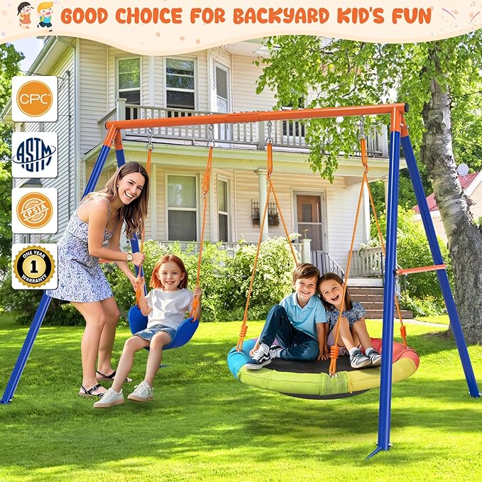 Swing Set for Backyard with Stand - Heavy Duty 440lbs Metal A-Frame Outdoor Playset with 32" Saucer Swing & 26.2" Seats