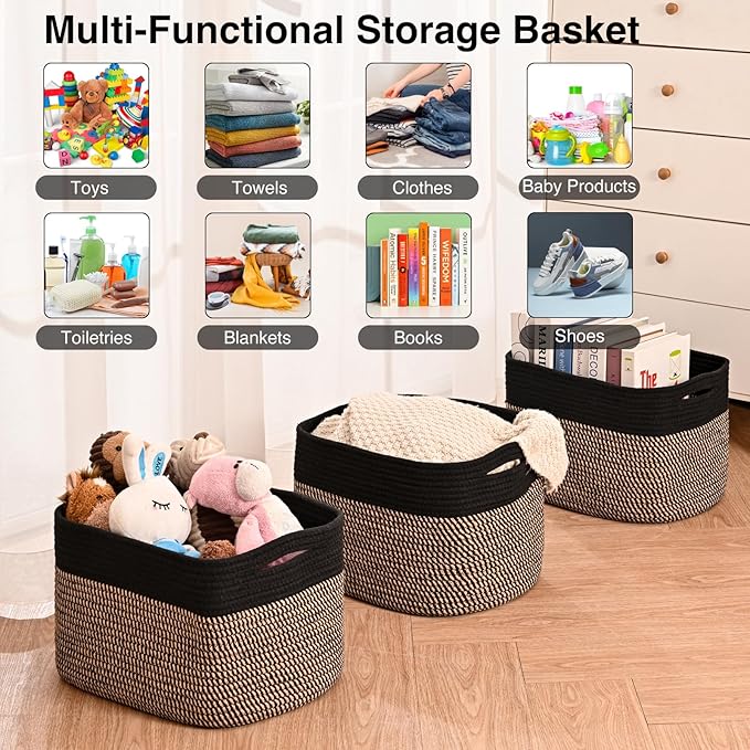 Storage Baskets for Organizing Shelves, Toy Basket for Kid's Room, Woven Cotton Rope Basket for Decor, Organizing Baskets for Bedroom Living Room, 15"x11"x9.5", 3 Packs, Black & Jute