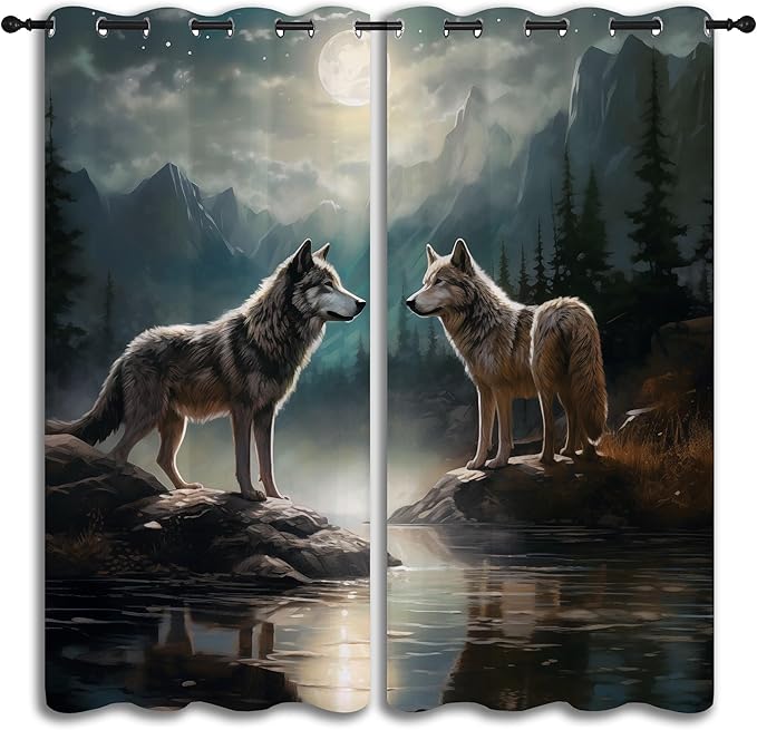 Wolf Blackout Curtains for Boys Girl Bedroom Decor,Moon Mountain Pine Forest Wild Animals Thermal Insulated Grommet Drapes Darkening Window Curtain for Living Room Home 84x84 inch