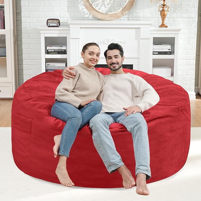 4FT Bean Bag Chair, Large Bean Bag Chairs with Memory Foam Filled, Fluffy Beanbag Sofa with Dutch Velvet Cover, Round BeanBag Chairs for Living Room, Playroom - Red