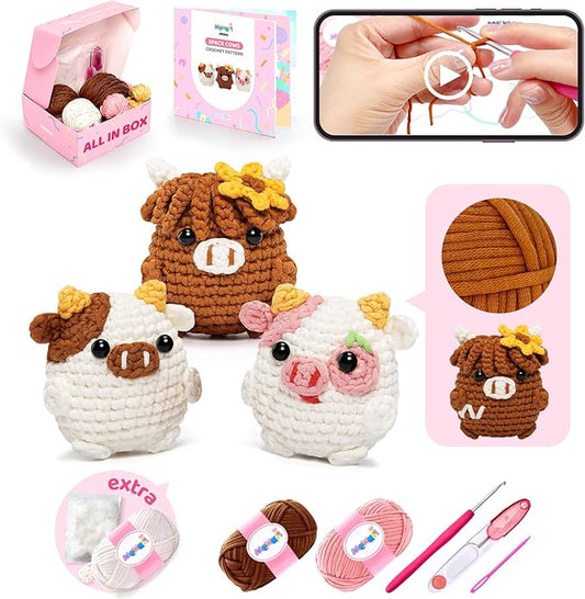Mewaii Crochet Kit for Beginners Level 2 with 40% Extra Eco-Friendly Pre-Started Easy Yarn, Step-by-Step Video Tutorials for Adults and Kids (3 Pack Cows)