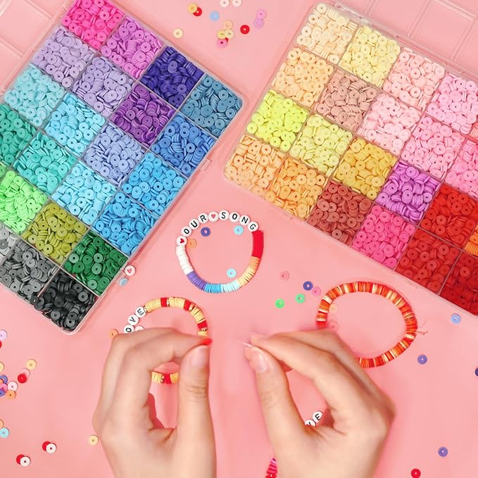 Redtwo 7400 Pcs Clay Beads Bracelet Making Kit for Biginner, 48 Colors for Friendship Jewelry Making Kit, Flat Polymer Heishi Beads with Charms Gifts for Teen Girls Crafts for Girls Ages 8-12