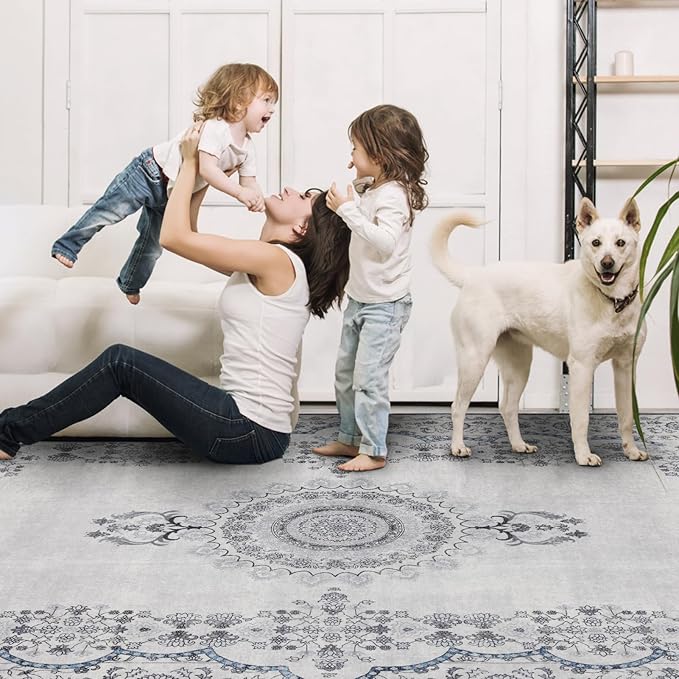 4x6 Washable Area Rug for Living Room, Carpet for Bedroom, Soft Faux Wool Retro Dining Room Rug, Non Slip&Non-Shedding Resistant Low Pile Vintage Print Rug for Home Office (Grey/Blue)