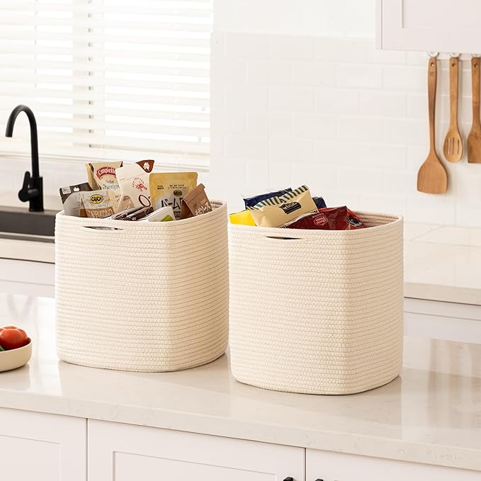 joybest Cube Storage Bins Set of 4, 11inch Cube Baskets Organizer for Nursery, Square Cotton Rope Baskets for Shelves Organizing, Kids Toy, Closet Storage, Beige