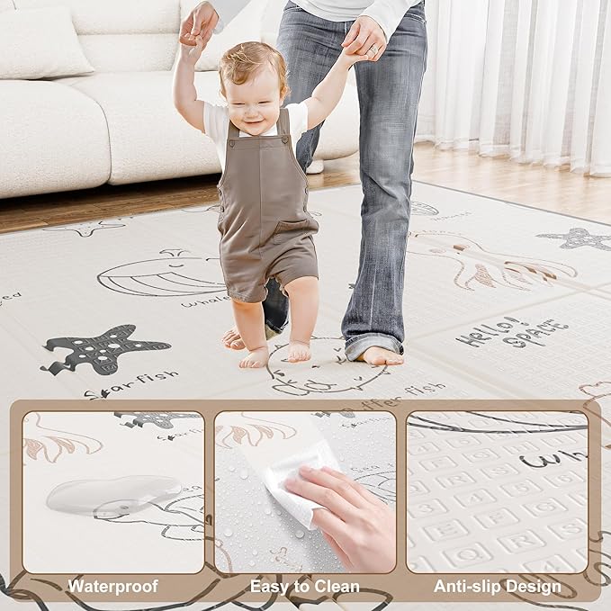 79x71 Foldable Play Mat for Baby, Extra Large Foam Play Mat Tummy Time and Crawling Mat, Waterproof & Anti-Slip Reversible Portable Baby Floor Mat for Infant, Toddler