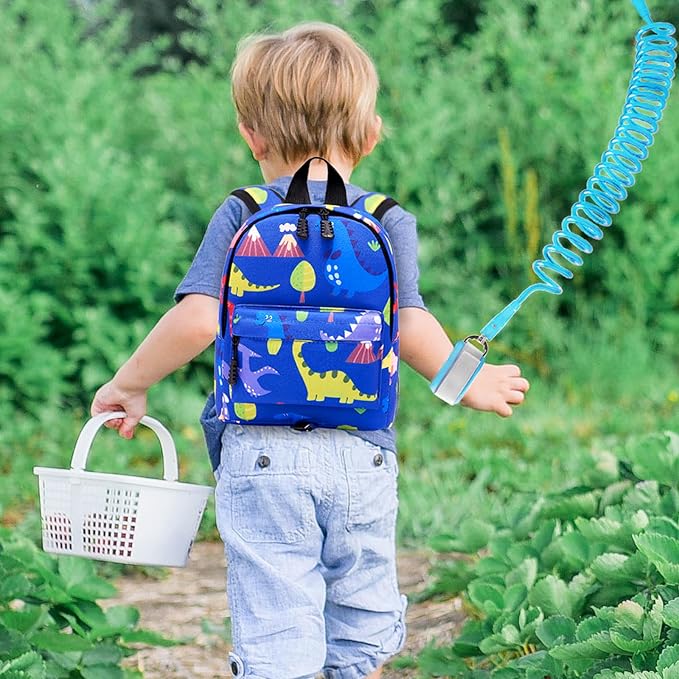 Accmor Toddler Backpack Leash with Anti Lost Wrist Link, Cute Mini Child Walking Harnesses Keep Kids Close Back Pack Rope Tether Rein for Baby Boys (Blue/Dino)