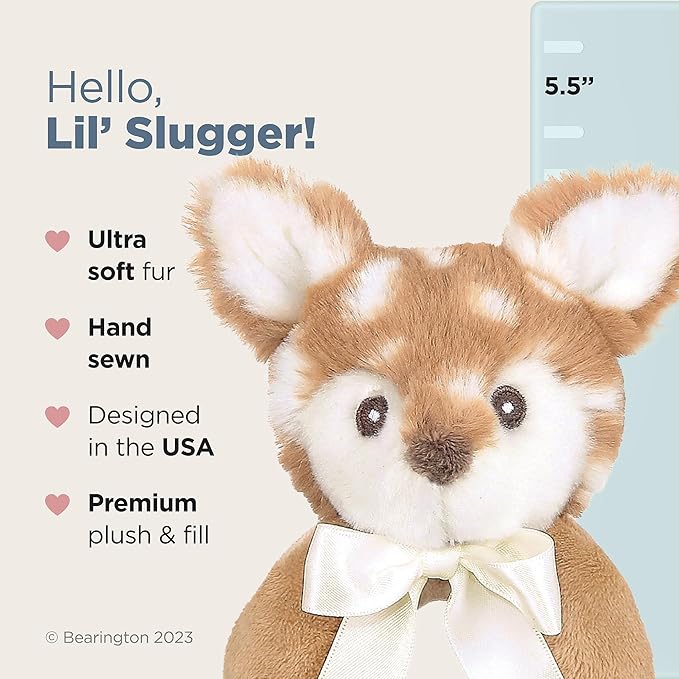 Bearington Collection Baby Lil’ Willow, 5.5 Inch Fawn Plush Stuffed Animal, Soft Baby Rattles and Plush Rings - Newborn Toys