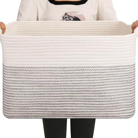 OIAHOMY 65L Blanket Basket, Cotton Rope Woven Blanket storage for Living Room, Rectangle Woven Baskets for Storage, 20''×16''×12'', Black and White