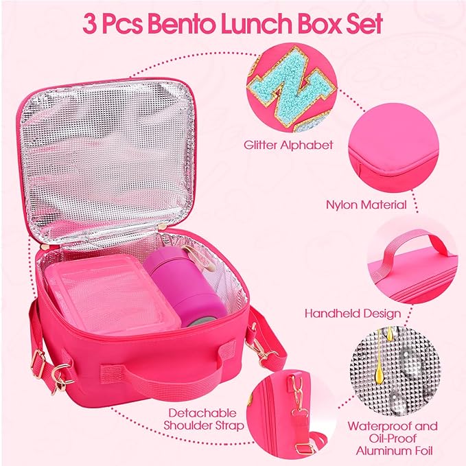 Bento Lunch Box Set for Kids with 10oz Thermo Food Jar, Leak-Proof Lunch Containers with 6 Compartment, Nylon Preppy Lunch Bag with Adjustable Strap for Girls School Travel Picnic