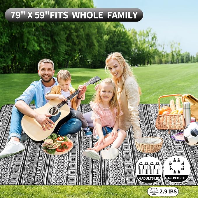 Picnic Blankets Outdoor Extra Large-Waterproof Picnic Blanket with Shoulder Carry Strap | Machine Washable Picnic Mat with Sandproof Backing for Park , Grass, Camping, Hiking, Concerts (Black)