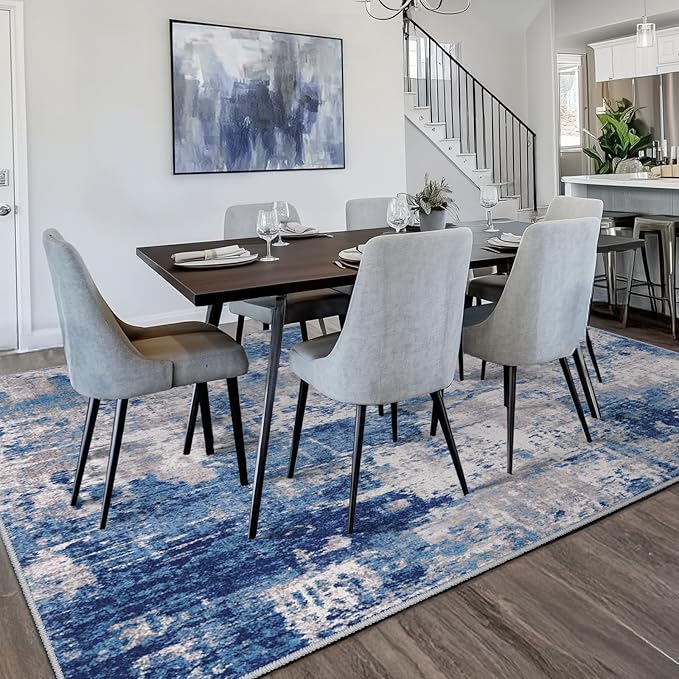 Washable Area Rugs 5'x8' Non-Slip Modern Abstract Soft for Living Room Entryway Bedroom Nursery, Print Pattern, Blue Grey Navy Gray