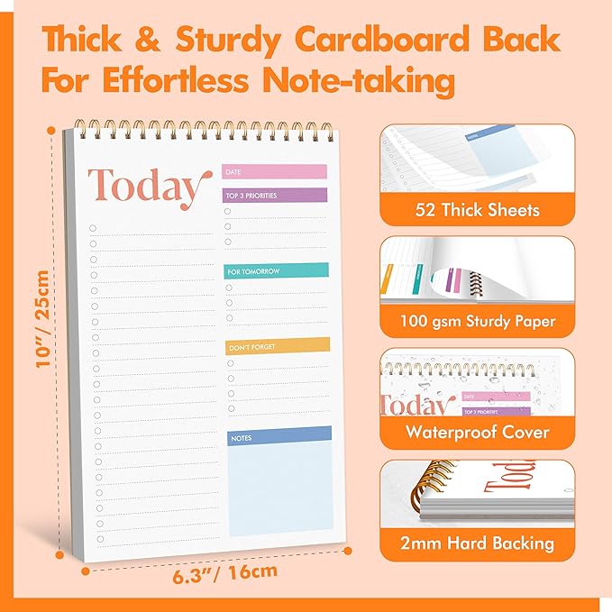 To Do List Notepad, Daily Planner Notebook with 52 Tear-off Sheets, Undated Writing Organizer for Daily Tasks and Goal, Coiled Task Track Checklist Productivity Pad for Office, Classroom, Home, School