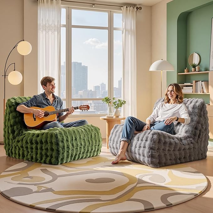 Modern Bean Bag Chair, Large Bean Bag Couch for Adults with Memory Foam Filled, Soft Faux Bunny Fur Lazy Chair for Living Room Bedroom Dorm Apartment, No Assembly Required, Grey