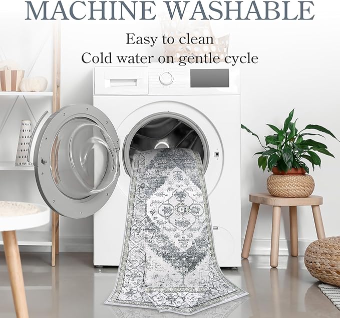 Lahome Boho Washable Rugs for Entryway - 2x3 Small Non-Slip Kitchen Rug Throw Lightweight Area Rugs for Bedroom Grey Print Oriental Distressed Bathroom Mat Floor Doormat Carpet for Laundry Living Room