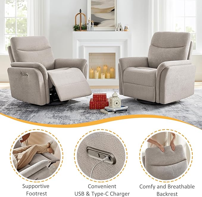 Power Recliner Chair Swivel Glider, Electric Rocking Recliner Chairs with USB and Type-C Ports, Nursery Chair Recliner for Living Room, Bedroom, Apartment（Camel）